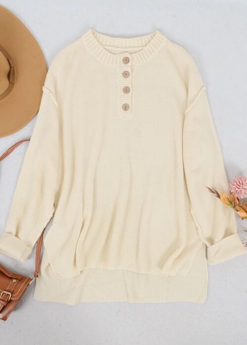 Soft Ribbed Knit Half Button Up Sweater-Beige