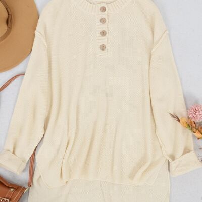 Soft Ribbed Knit Half Button Up Sweater-Beige