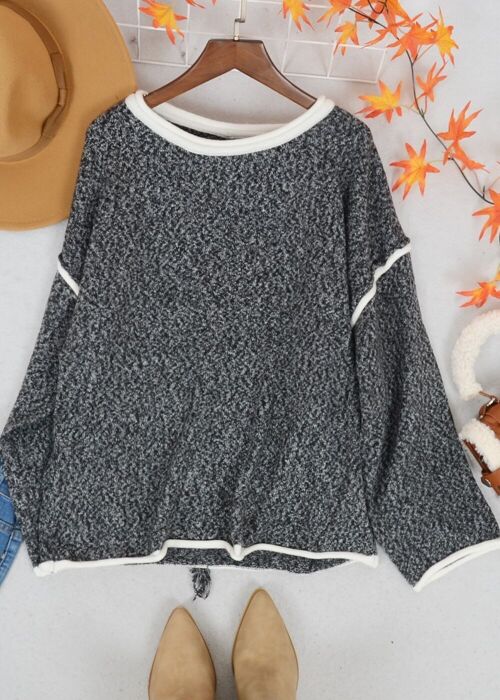 Contrast Stitching Relaxed Knit Sweater-Gray