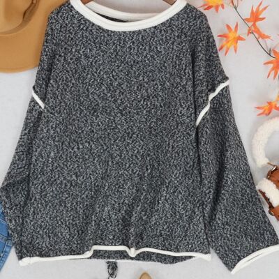Contrast Stitching Relaxed Knit Sweater-Gray