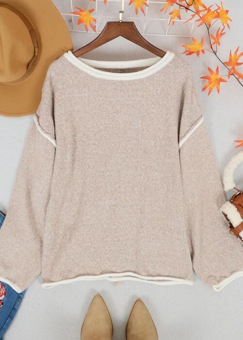 Contrast Stitching Relaxed Knit Sweater-Khaki
