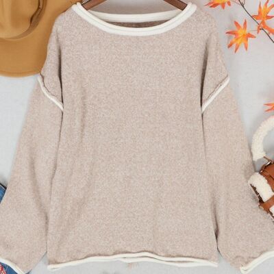 Contrast Stitching Relaxed Knit Sweater-Khaki
