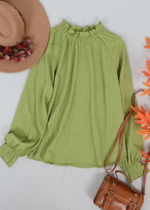 Ruffle Neck Textured Striped Pattern Top-Green