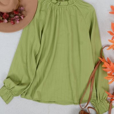 Ruffle Neck Textured Striped Pattern Top-Green