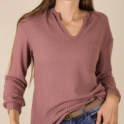 Solid Waffle Knit Patch Pocket Sweater-Burgundy