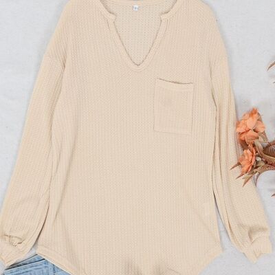 Solid Waffle Knit Patch Pocket Sweater-Beige