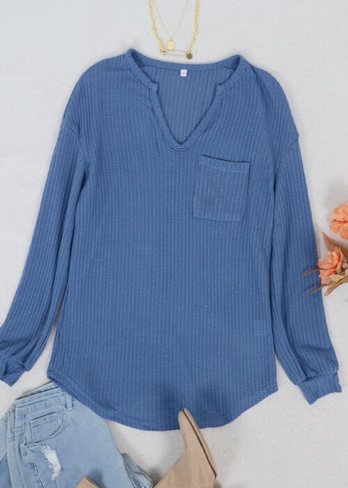 Solid Waffle Knit Patch Pocket Sweater-Blue