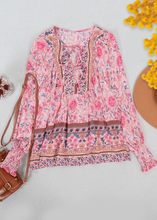 Tie Front V Neck Bohemian Top-Pink