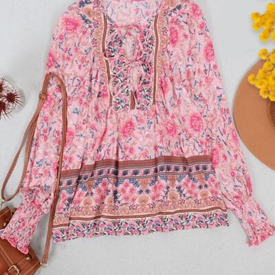 Tie Front V Neck Bohemian Top-Pink