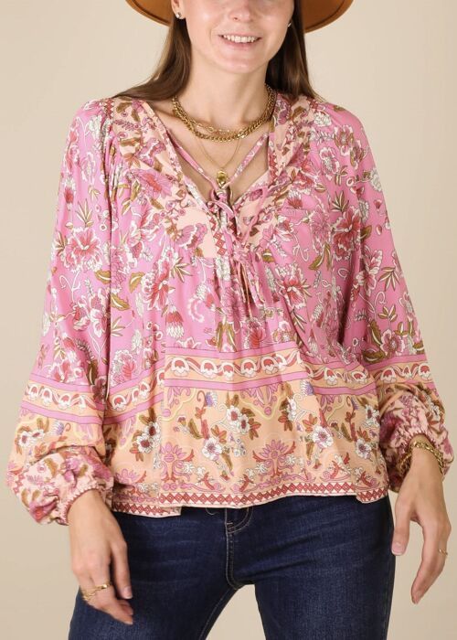 Tie Neck Multicolor Floral Bohemian Top-Pink