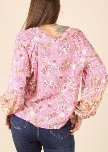 Haut bohème fleuri multicolore à col noué-rose 4