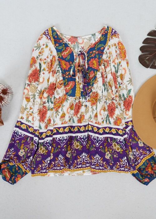 Tie Neck Multicolor Floral Bohemian Top-Purple