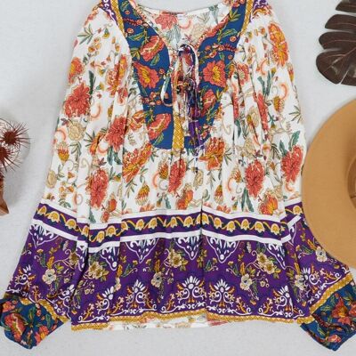 Tie Neck Multicolor Floral Bohemian Top-Purple