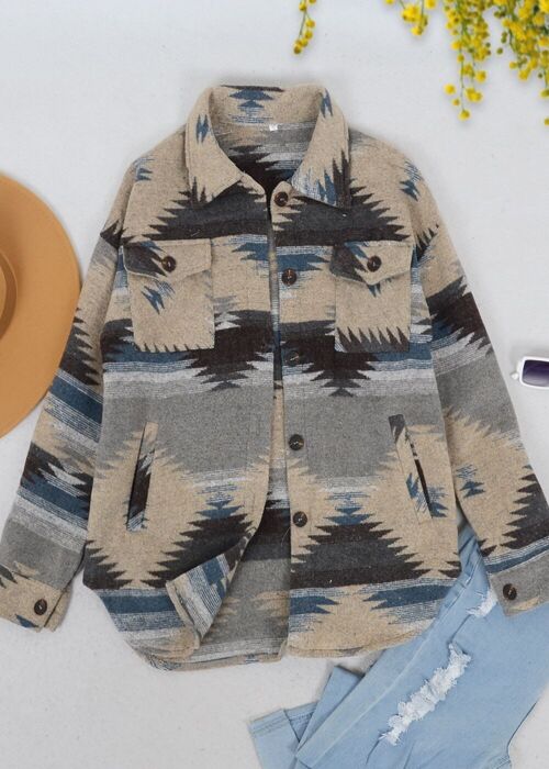 Aztec Pattern Drop Shoulder Jacket-Khaki