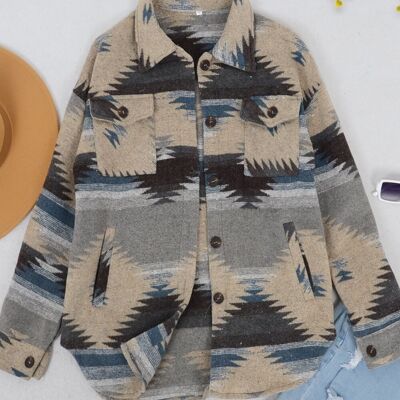 Aztec Pattern Drop Shoulder Jacket-Khaki
