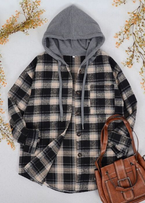 Contrast Hood Plaid Shacket-Black