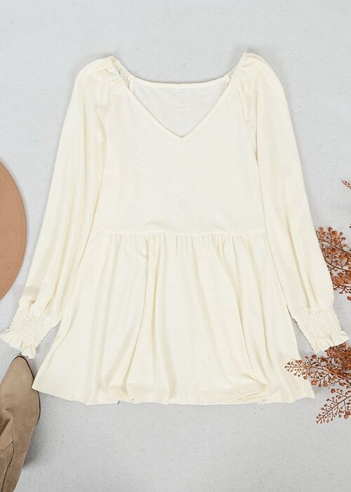 Textured V Neck Long Top-Light Beige