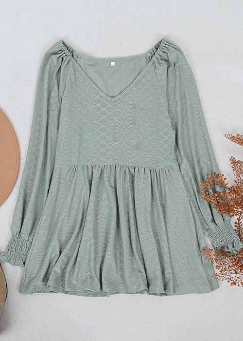 Textured V Neck Long Top-Green