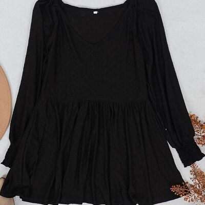 Textured V Neck Long Top-Black