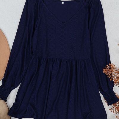 Textured V Neck Long Top-Navy