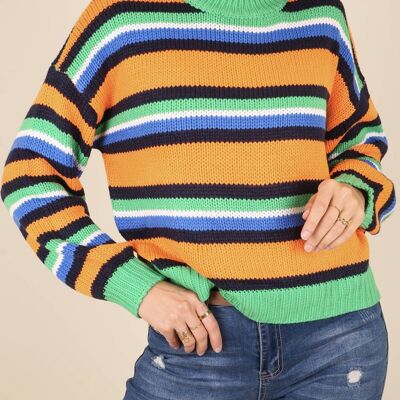 Round Neck Retro Striped Sweater-Green