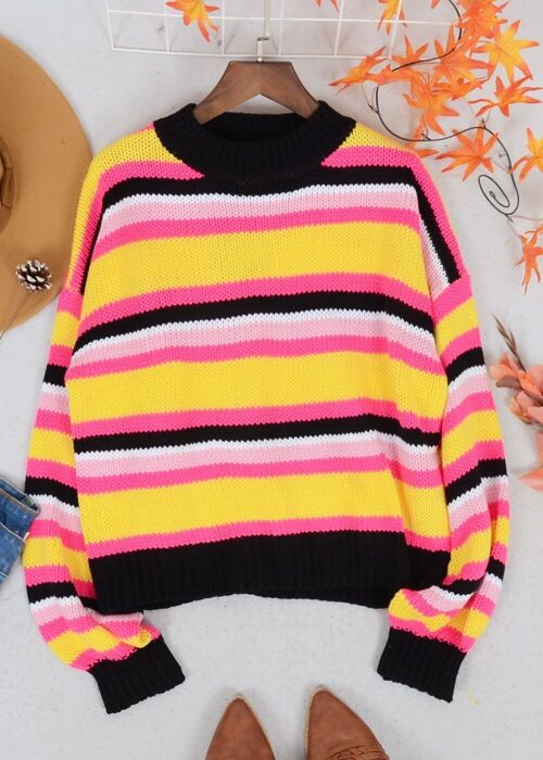 Round Neck Retro Striped Sweater-Black