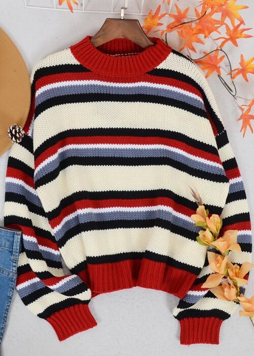 Round Neck Retro Striped Sweater-Red