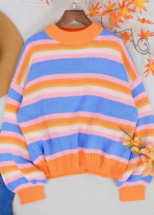 Round Neck Retro Striped Sweater-Orange