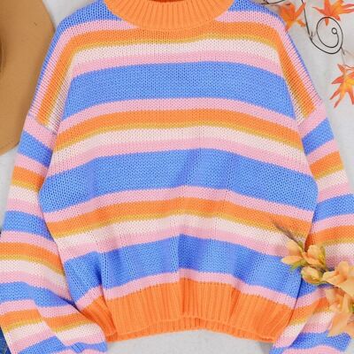 Round Neck Retro Striped Sweater-Orange