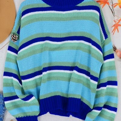 Round Neck Retro Striped Sweater-Blue