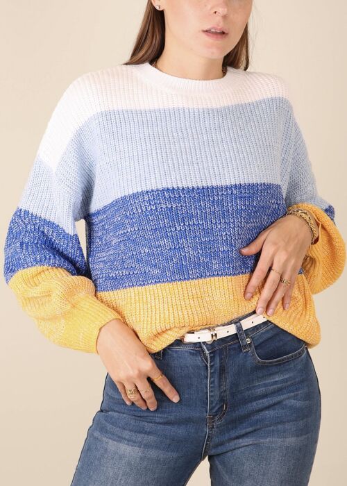 Multicolor Color Block Textured Sweater-Blue