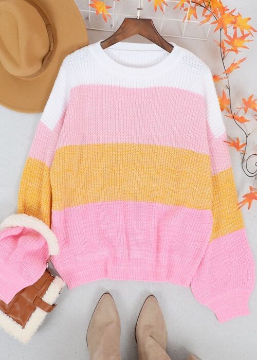 Multicolor Color Block Textured Sweater-Pink