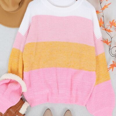 Multicolor Color Block Textured Sweater-Pink