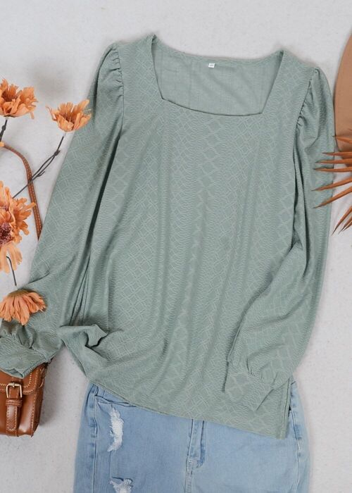 Square Neck Pleated Shoulder Blouse-Green