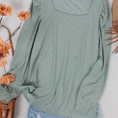 Square Neck Pleated Shoulder Blouse-Green