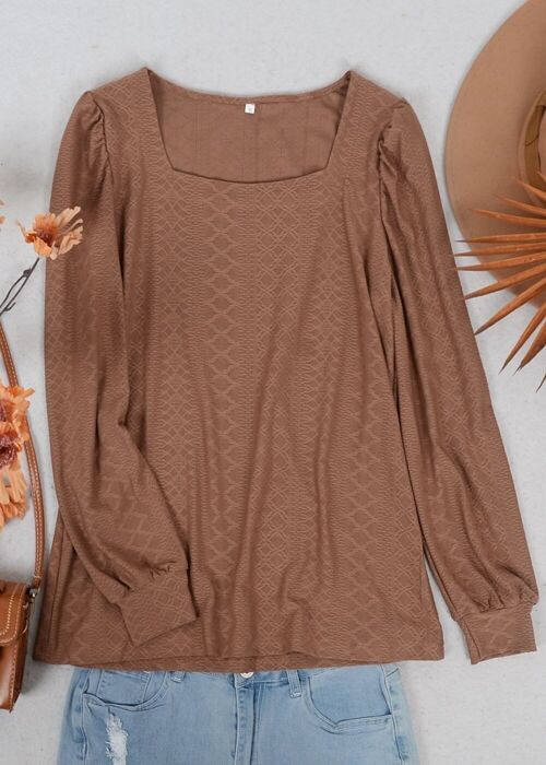 Square Neck Pleated Shoulder Blouse-Brown