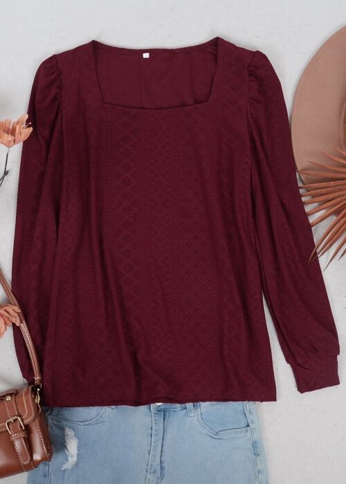 Square Neck Pleated Shoulder Blouse-Burgundy