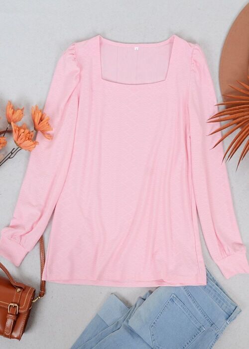Square Neck Pleated Shoulder Blouse-Pink