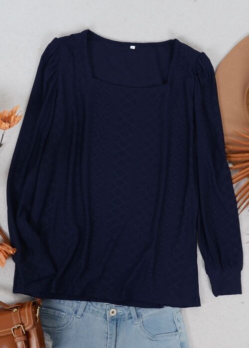 Square Neck Pleated Shoulder Blouse-Navy