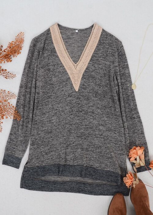 Two Tone Crochet V Neck Sweater-Dark Gray