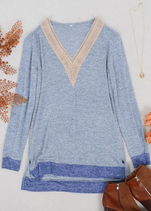 Two Tone Crochet V Neck Sweater-Light Blue