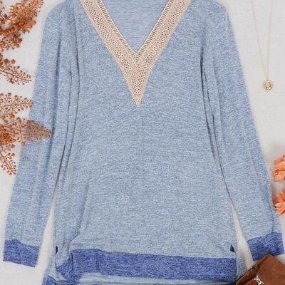 Two Tone Crochet V Neck Sweater-Light Blue