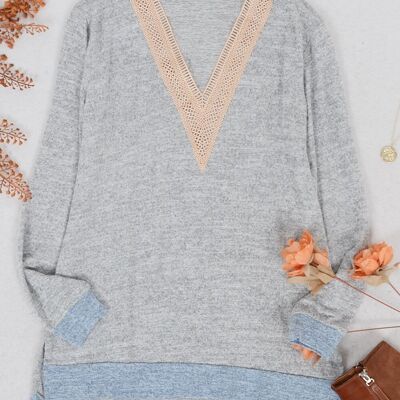 Two Tone Crochet V Neck Sweater-Gray