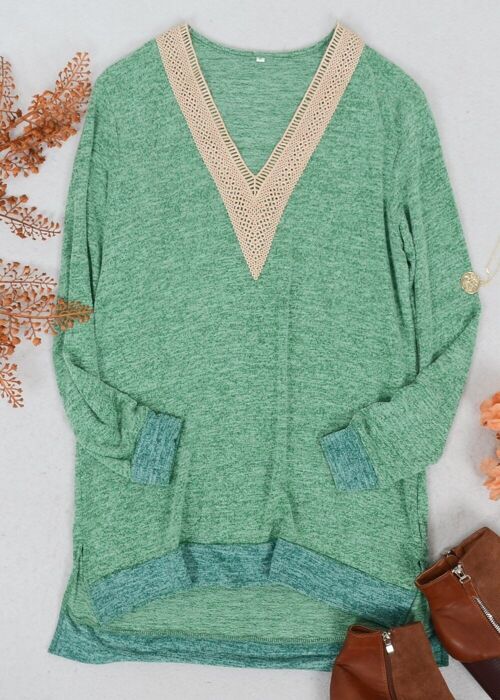 Two Tone Crochet V Neck Sweater-Green