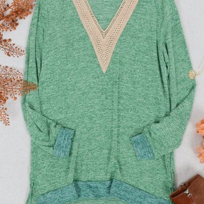 Two Tone Crochet V Neck Sweater-Green