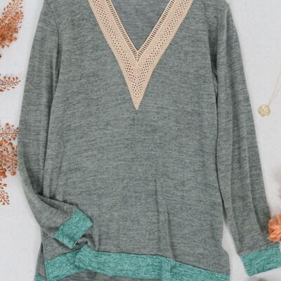 Two Tone Crochet V Neck Sweater-Olive Green