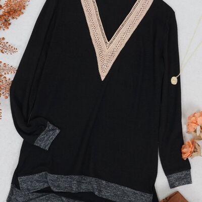 Suéter con cuello en V de crochet de dos tonos-Negro