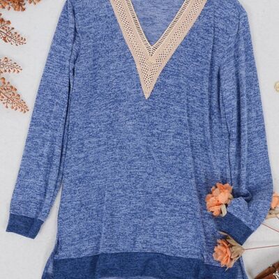 Two Tone Crochet V Neck Sweater-Blue
