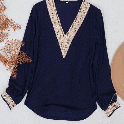 Pullover mit Häkeldetail und V-Ausschnitt – Marineblau