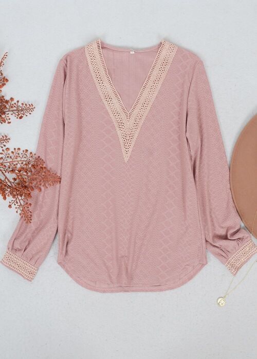 Crochet Detail V Neck Sweater-Mauve Pink